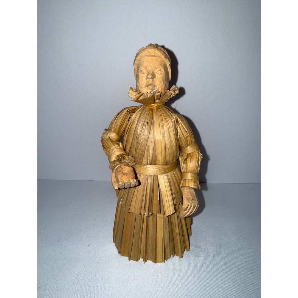 Vtg Corn Husk Doll Carved Wood Head Hands Folk Art Figurine Harvest Decor 7.5"